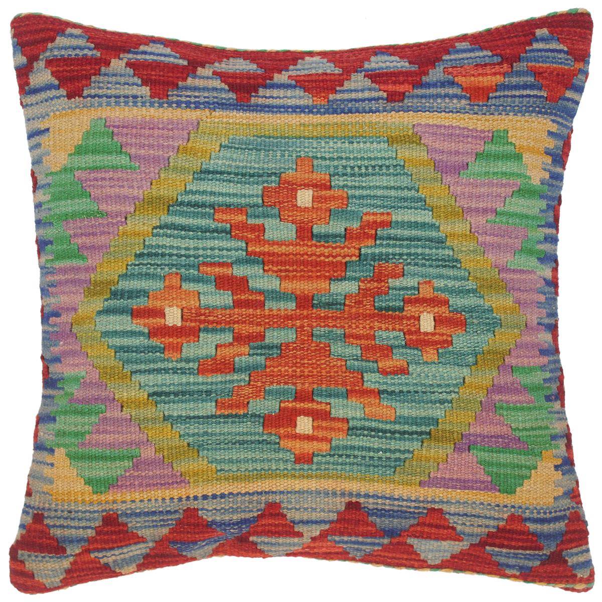 18x18 hand woven kilim throw pillow in red, blue and rust - Southwestern Turkish Dorothy