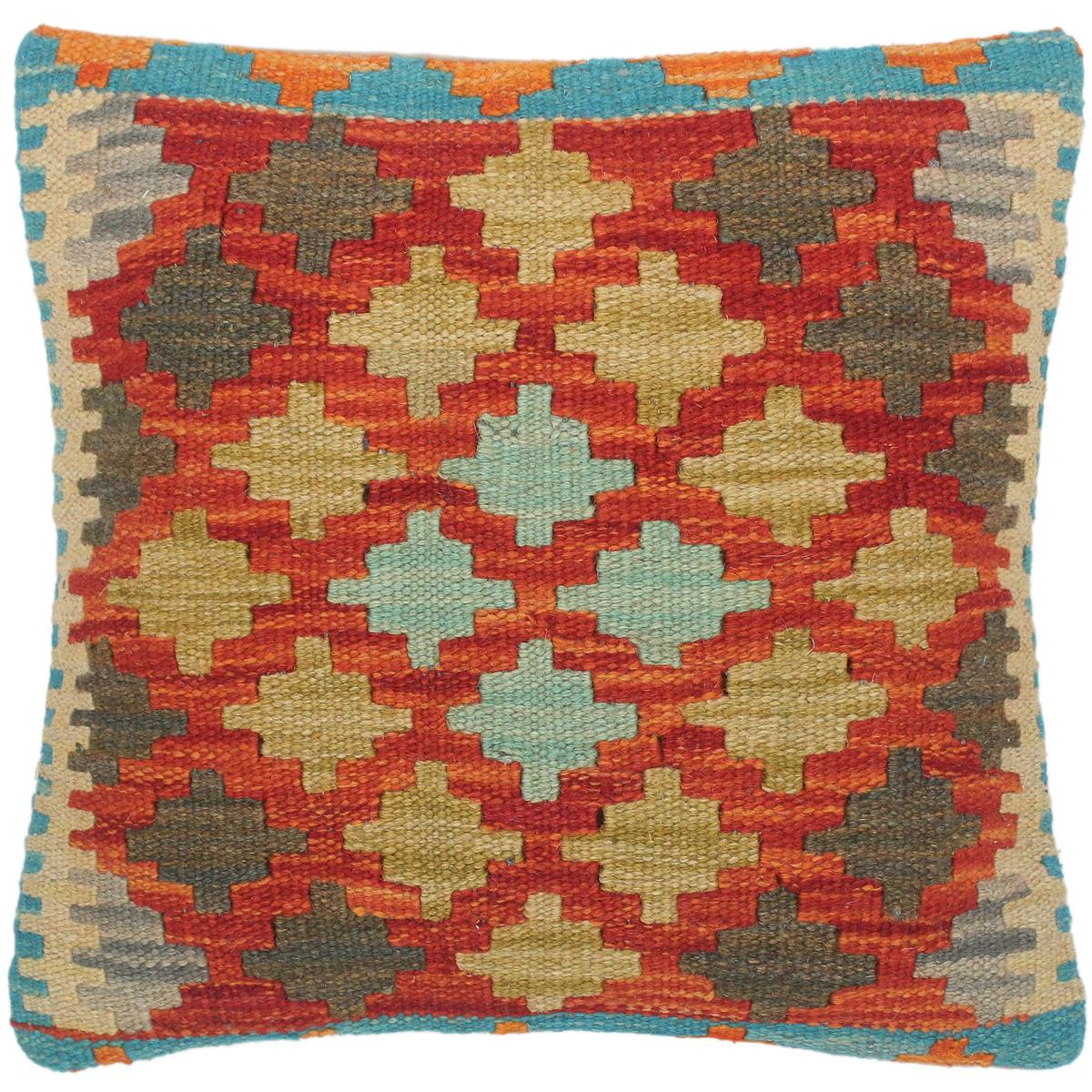 15x16 hand woven kilim throw pillow in rust, blue and beige - Southwestern Turkish Denita
