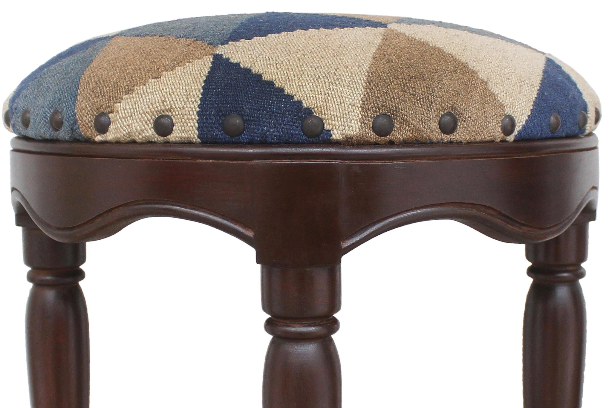 handmade Modern Kilim Blue Beige Hand-made ROUND 100% WOOL Bar Stool
