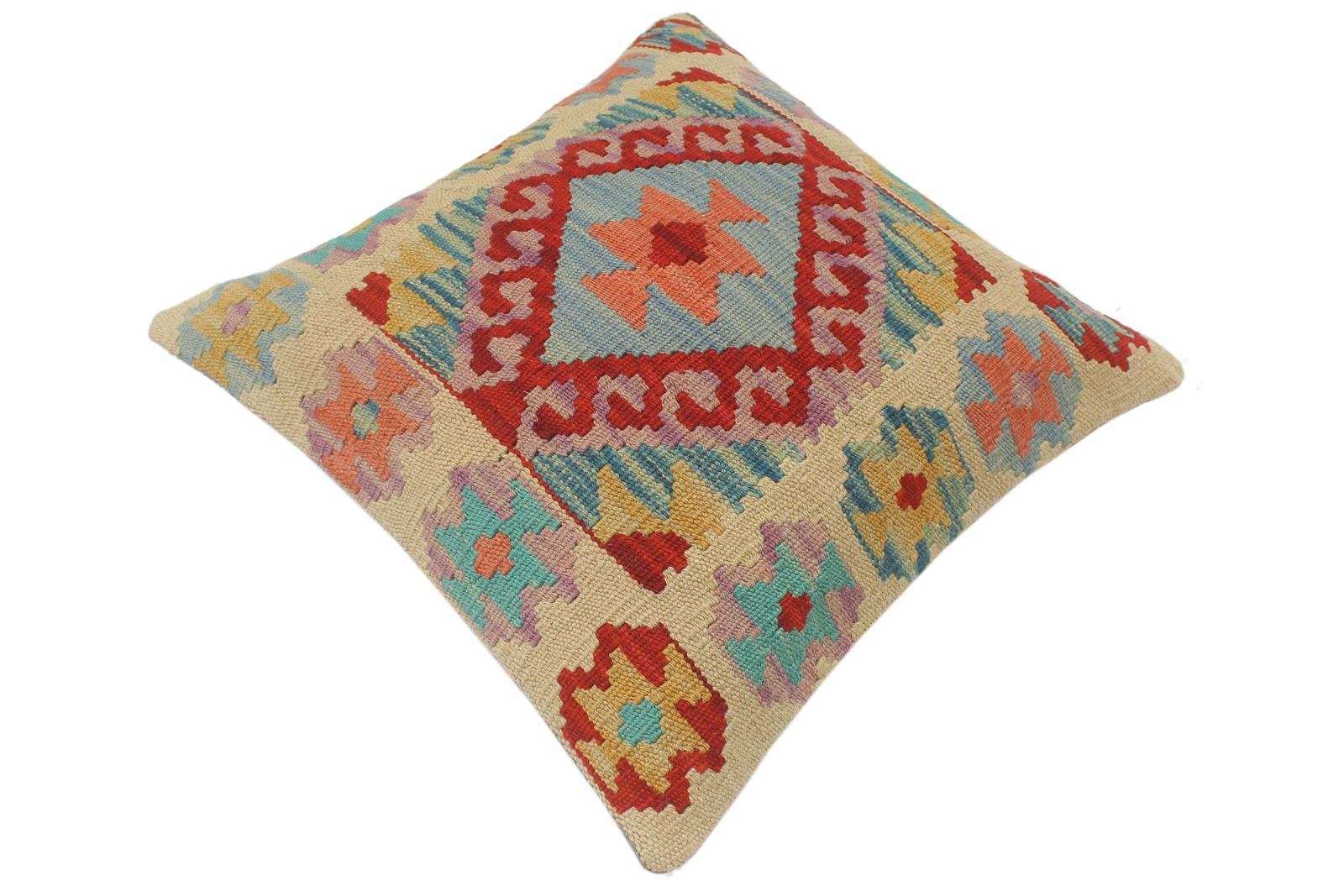 handmade Tribal Turkish Antique Beige Blue Hand-Woven SQUARE 100% WOOL pillow
