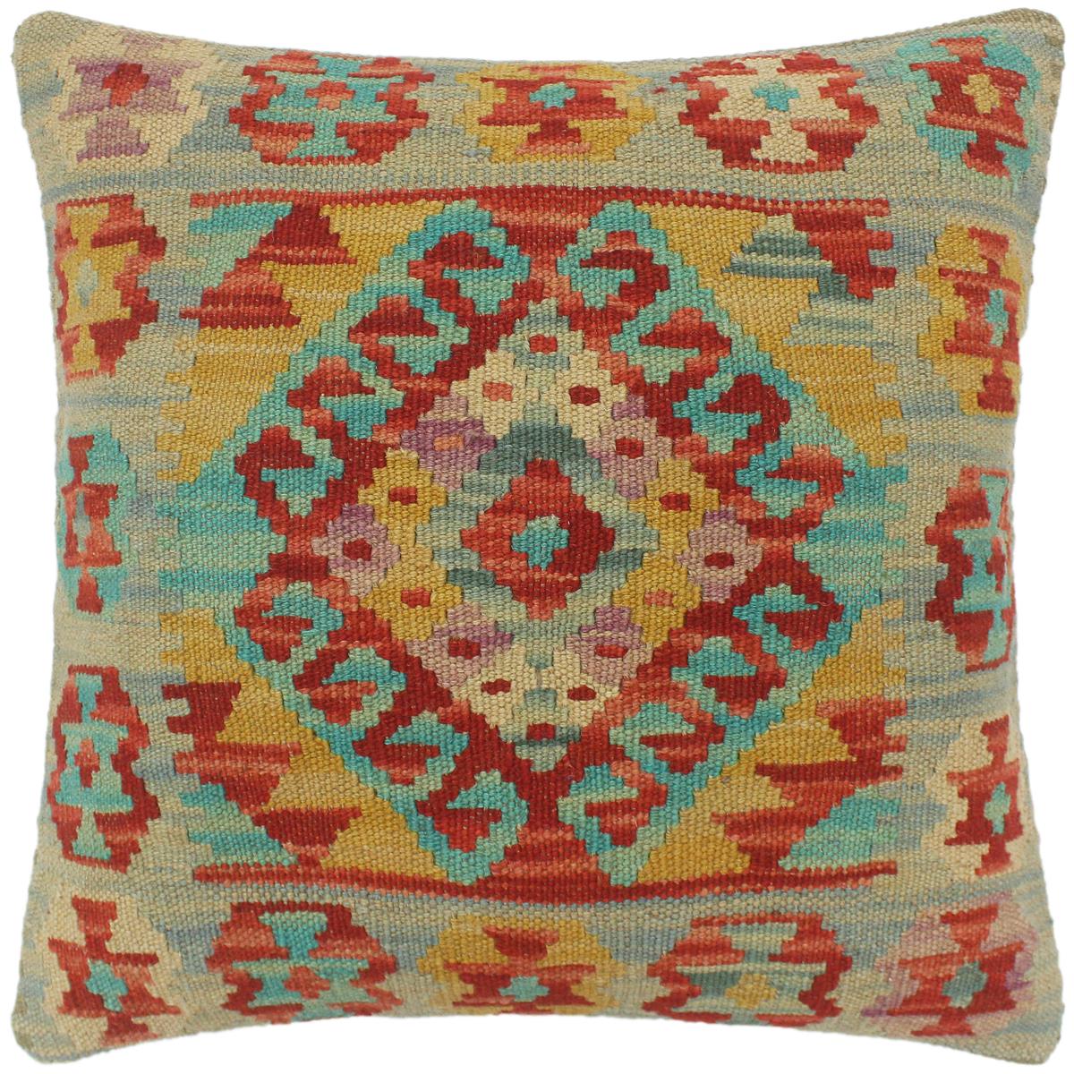 18x18 hand woven kilim throw pillow in rust, blue and gold - Boho Chic Turkish Crowe