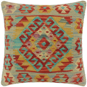 18x18 hand woven kilim throw pillow in rust, blue and gold - Boho Chic Turkish Crowe