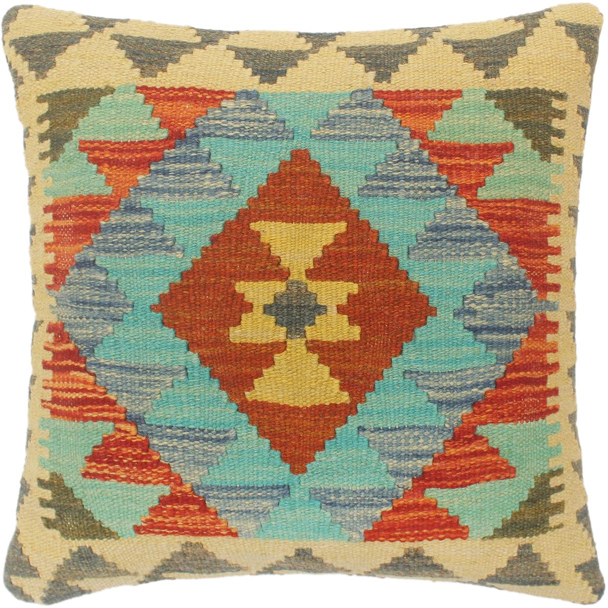 18x18 hand woven kilim throw pillow in rust, blue and gray - Boho Chic Turkish Wills