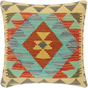 18x18 hand woven kilim throw pillow in rust, blue and gray - Boho Chic Turkish Wills