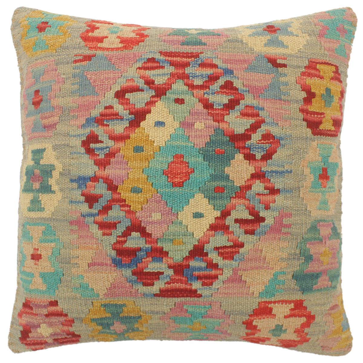 19x19 hand woven kilim throw pillow in blue, red and gray - Boho Chic Turkish Godfrey