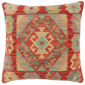 19x19 hand woven kilim throw pillow in red, blue and beige - Rustic Turkish Nicholas