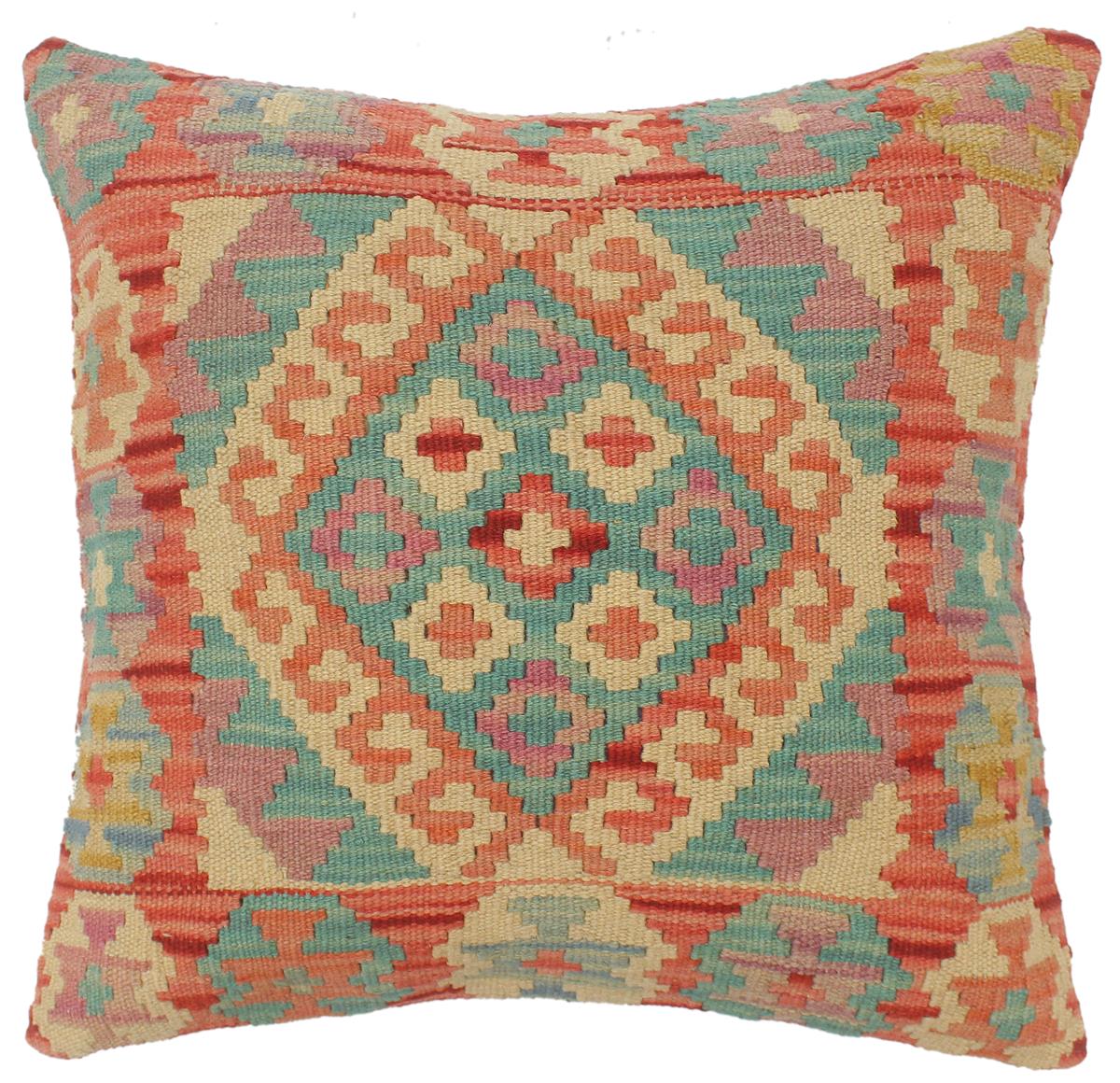 19x19 hand woven kilim throw pillow in red, blue and beige - Bohemian Turkish Russo