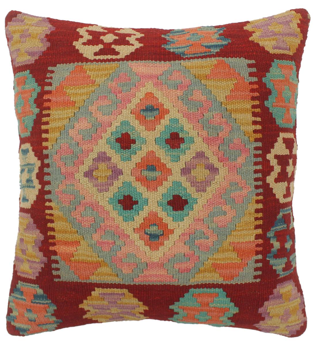 19x19 hand woven kilim throw pillow in red, blue and beige - Boho Chic Turkish Cleary
