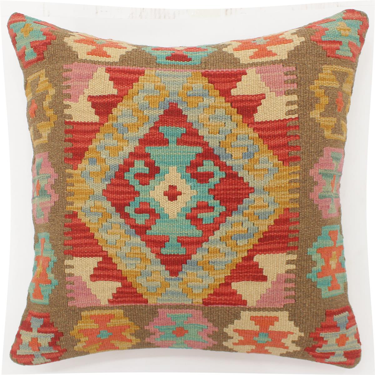 19x19 hand woven kilim throw pillow in red, blue and brown - Boho Chic Turkish Dunne