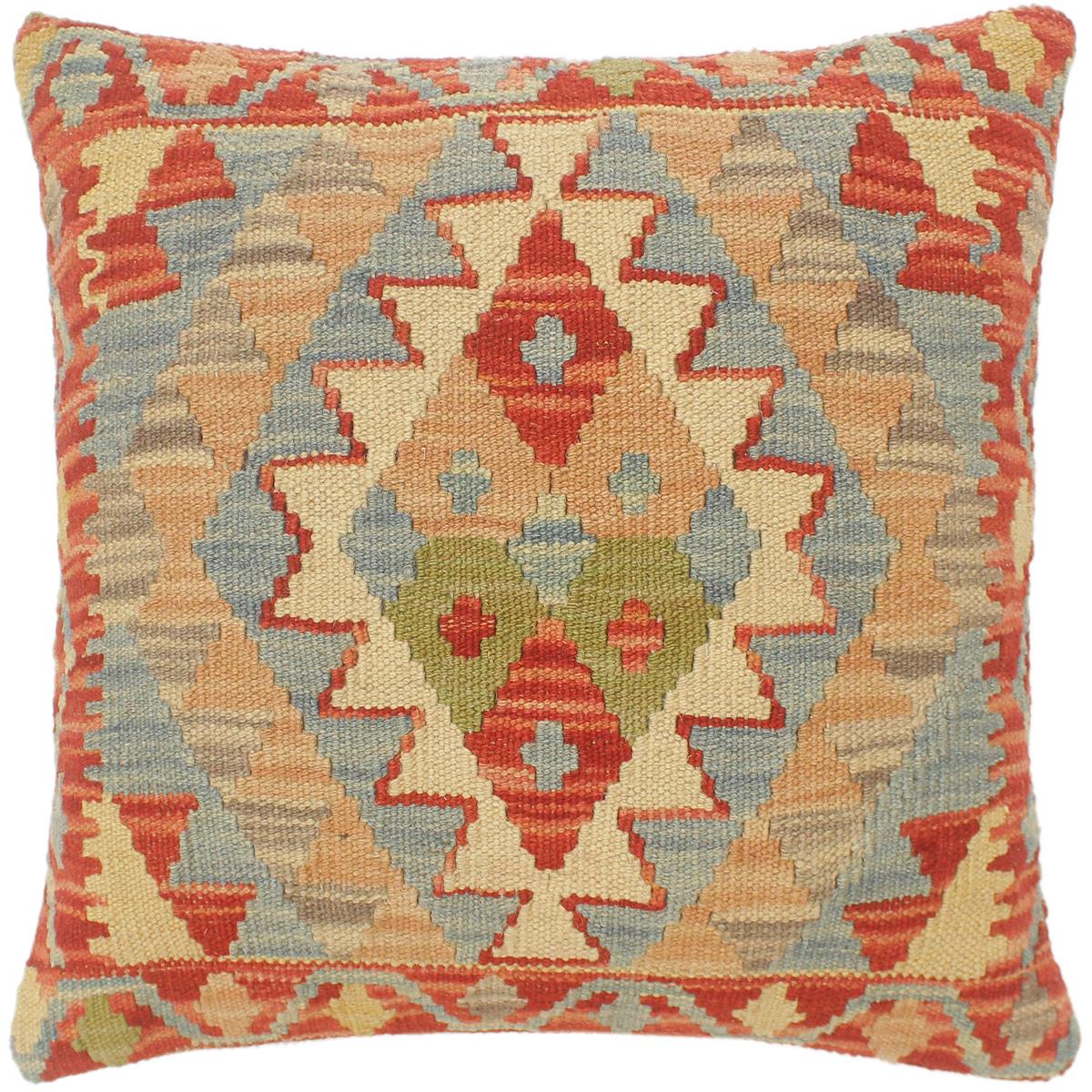18x15 hand woven kilim throw pillow in rust, blue and gray - Southwestern Turkish Haines