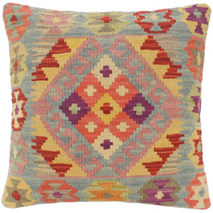 18x18 hand woven kilim throw pillow in rust, blue and beige - Shabby Chic Turkish Gorman
