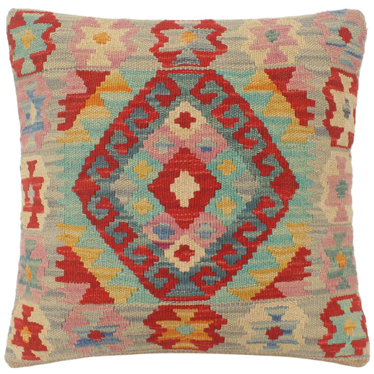 18x18 hand woven kilim throw pillow in blue, rust and beige - Bohemian Turkish Leach