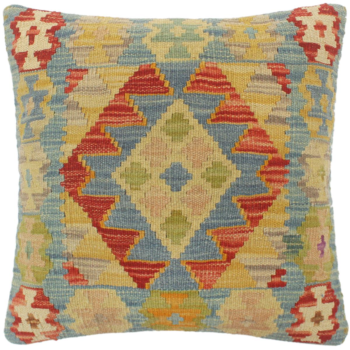 18x18 hand woven kilim throw pillow in rust, blue and gray - Boho Chic Turkish Do