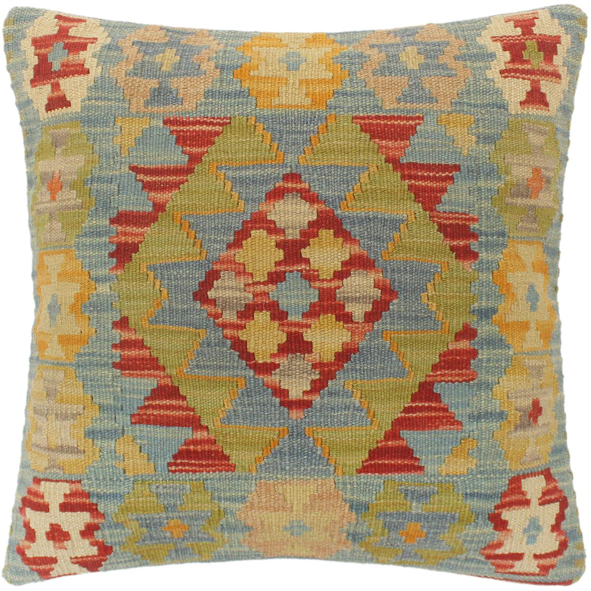 18x17 hand woven kilim throw pillow in rust, blue and gray - Bohemian Turkish Yu