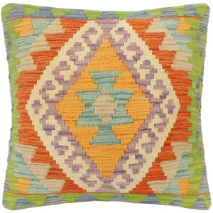 18x18 hand woven kilim throw pillow in rust, blue and beige - Southwestern Turkish Kendall