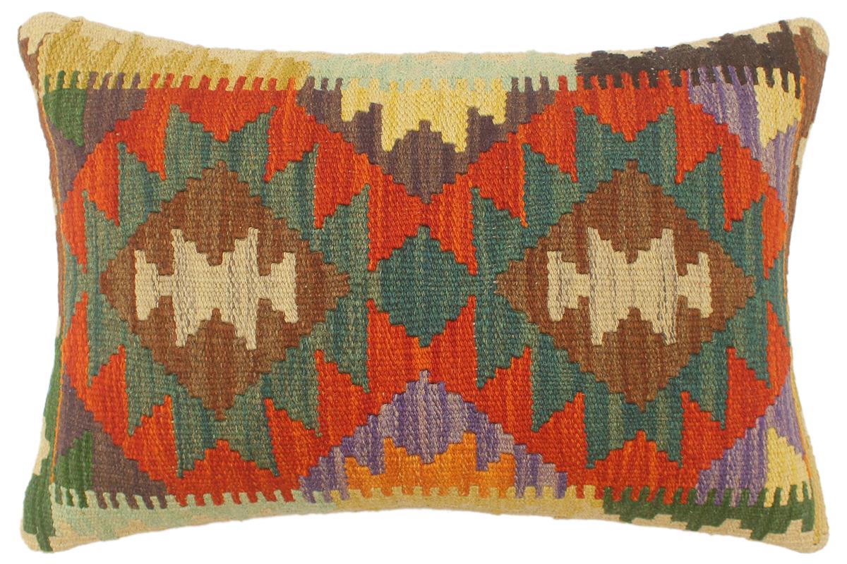 21x14 hand woven kilim lumbar pillow in rust, blue and beige - Turkish Tribal Anthony