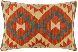 21x15 hand woven kilim lumbar pillow in rust, beige and gold - Turkish Boho Chic Rigby