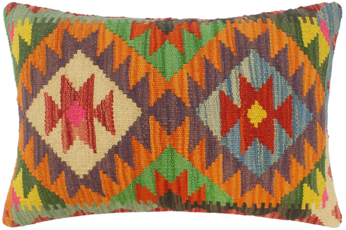 21x15 hand woven kilim lumbar pillow in rust, blue and red - Turkish Boho Chic Jolly