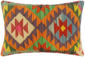 21x15 hand woven kilim lumbar pillow in rust, blue and red - Turkish Boho Chic Jolly