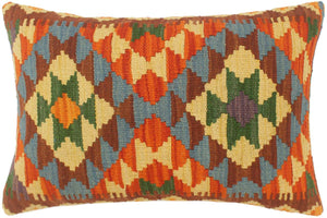 21x14 hand woven kilim lumbar pillow in rust, blue and gold - Turkish Bohemian Devine
