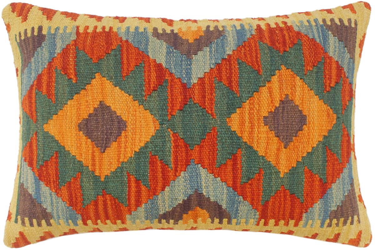 21x15 hand woven kilim lumbar pillow in rust, blue and gold - Turkish Tribal McPhee