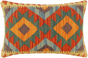21x15 hand woven kilim lumbar pillow in rust, blue and gold - Turkish Tribal McPhee