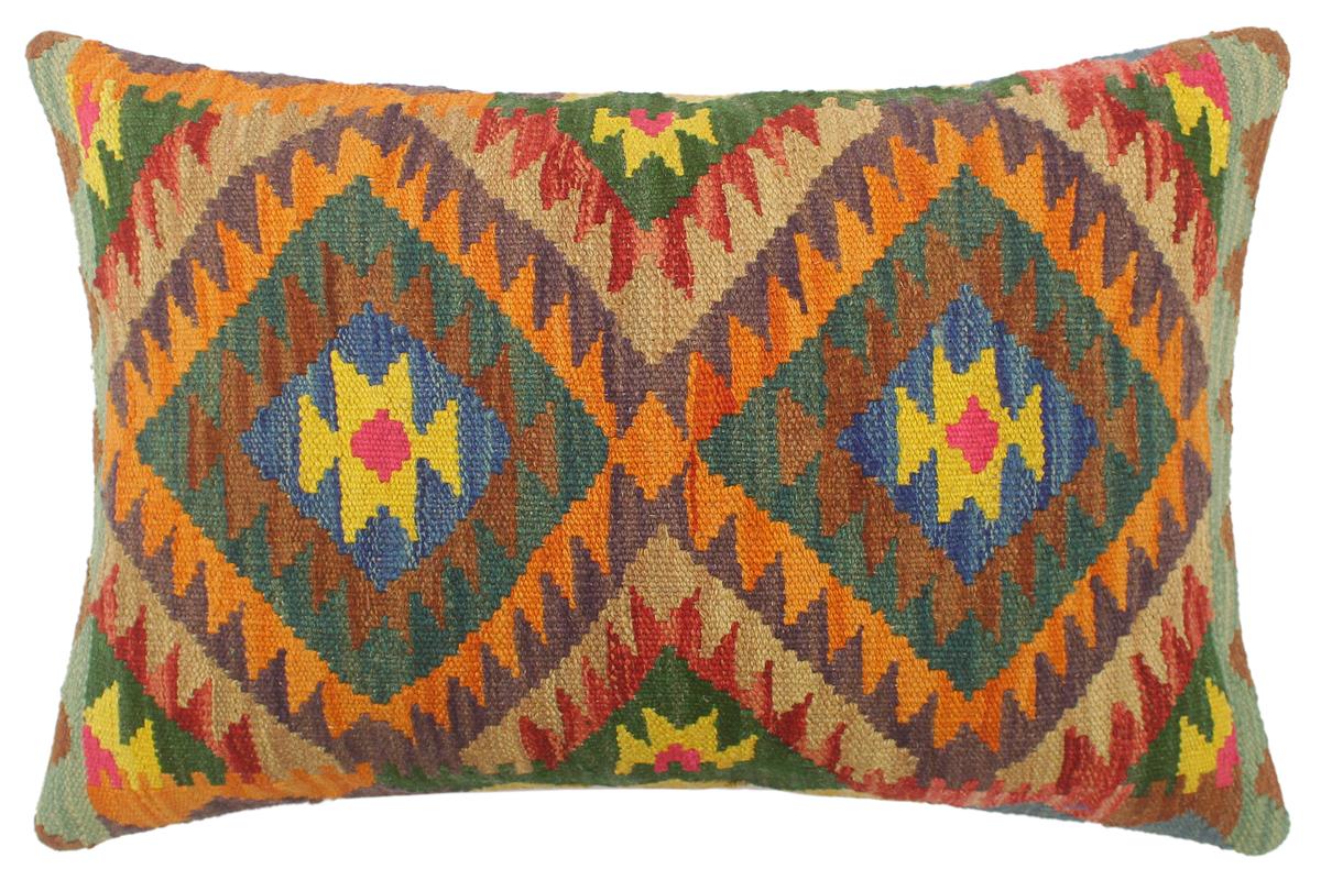 22x15 hand woven kilim lumbar pillow in rust, blue and red - Turkish Rustic Whiting