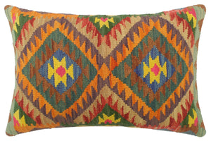 22x15 hand woven kilim lumbar pillow in rust, blue and red - Turkish Rustic Whiting
