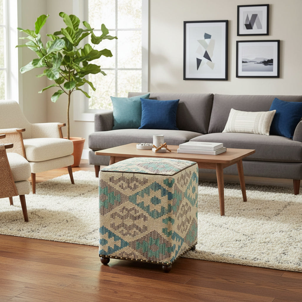 handmade Traditional Ottoman Beige Blue Hand-made SQUARE handmade ottoman pouf