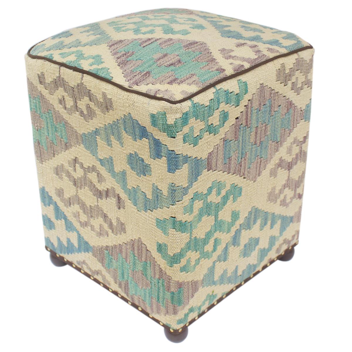 handmade Traditional Ottoman Beige Blue Hand-made SQUARE handmade ottoman pouf