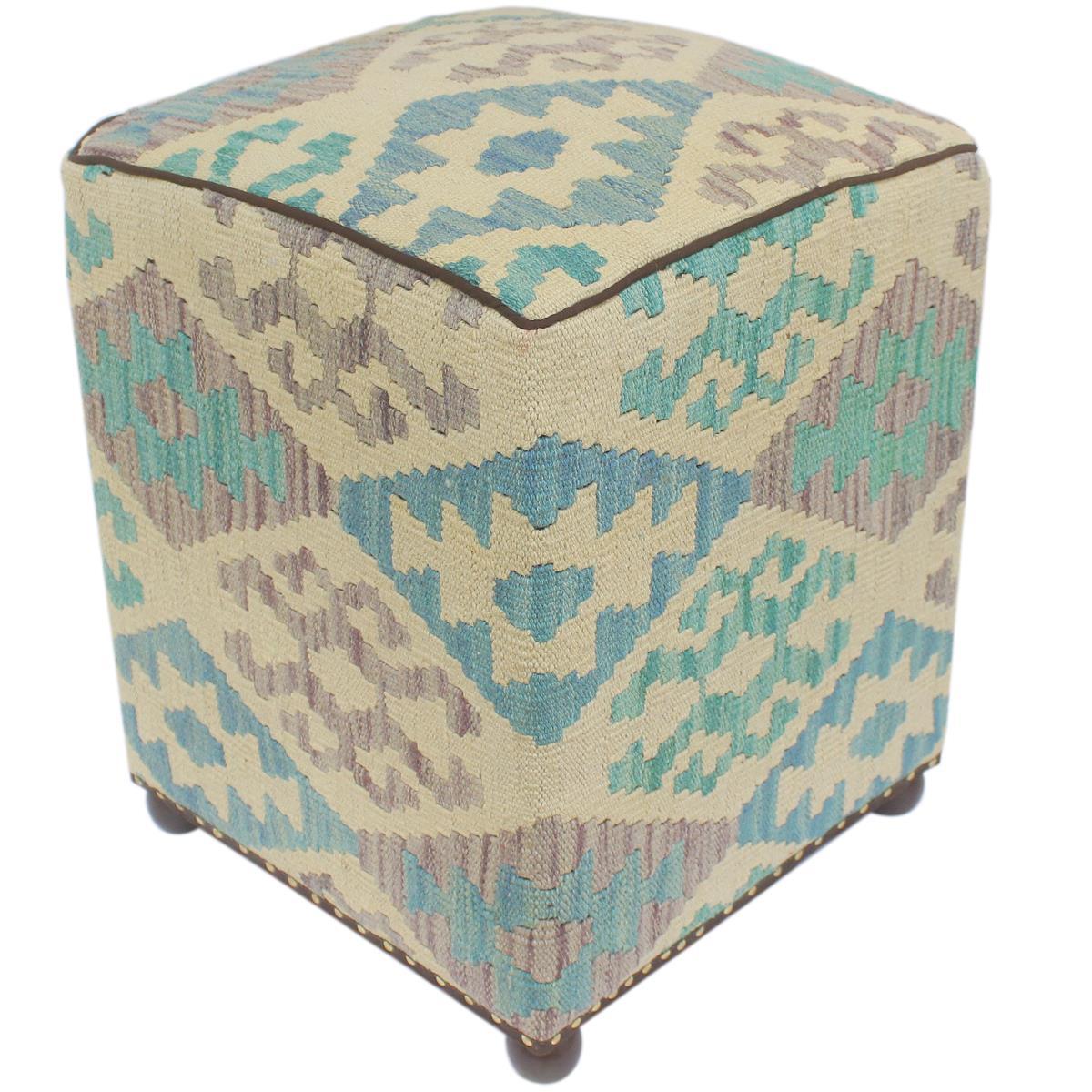 handmade  Ottoman Beige Black Hand-made SQUARE 100% WOOL 