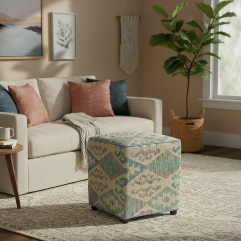 handmade Traditional Ottoman Beige Blue Hand-made SQUARE handmade ottoman pouf