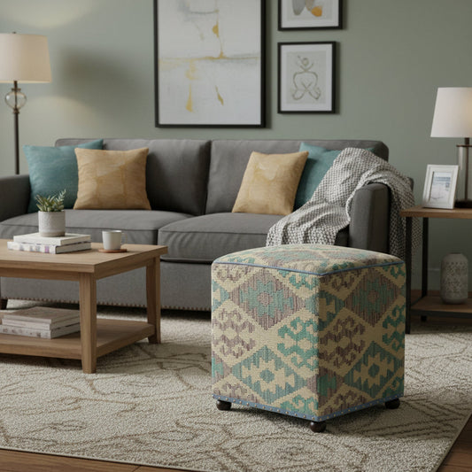 handmade Traditional Ottoman Beige Blue Hand-made SQUARE handmade ottoman pouf