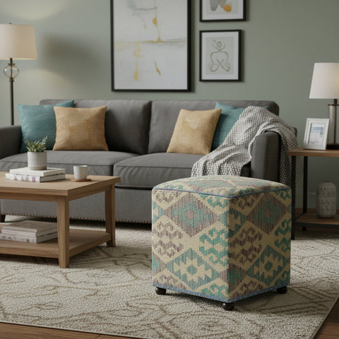 handmade Traditional Ottoman Beige Blue Hand-made SQUARE handmade ottoman pouf