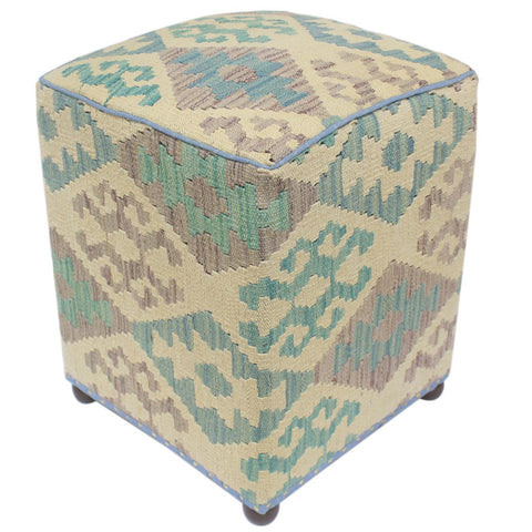 handmade Traditional Ottoman Beige Blue Hand-made SQUARE handmade ottoman pouf