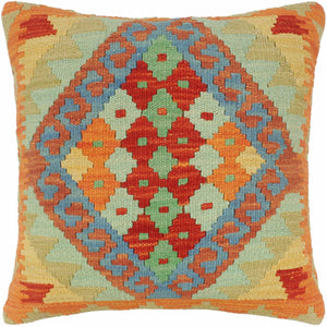 18x18 hand woven kilim throw pillow in rust, blue and gray - Shabby Chic Turkish Coombs
