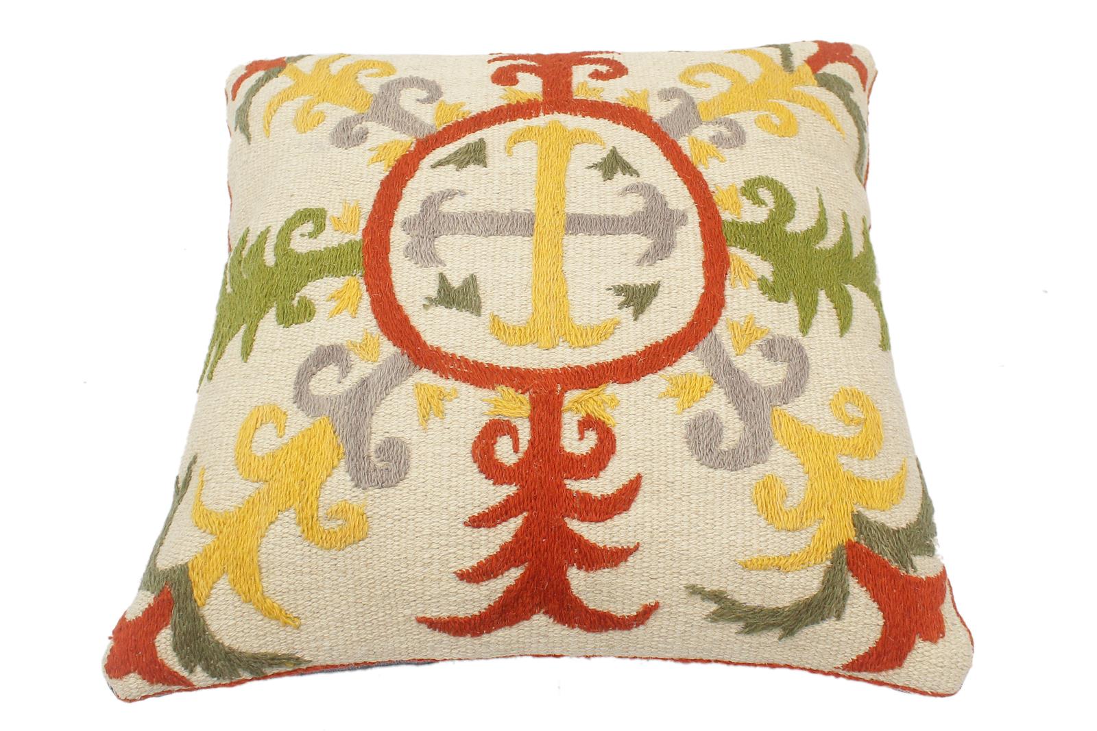 handmade  Pillow Beige Rust Hand-Woven SQUARE 100% Wool Suzani Throw Pillow