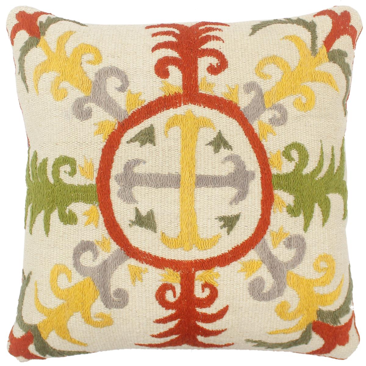 handmade  Pillow Beige Rust Hand-Woven SQUARE 100% Wool Suzani Throw Pillow