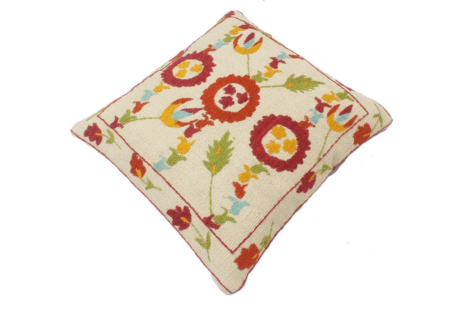 handmade  Pillow Beige Rust Hand-Woven SQUARE 100% Wool Suzani Throw Pillow