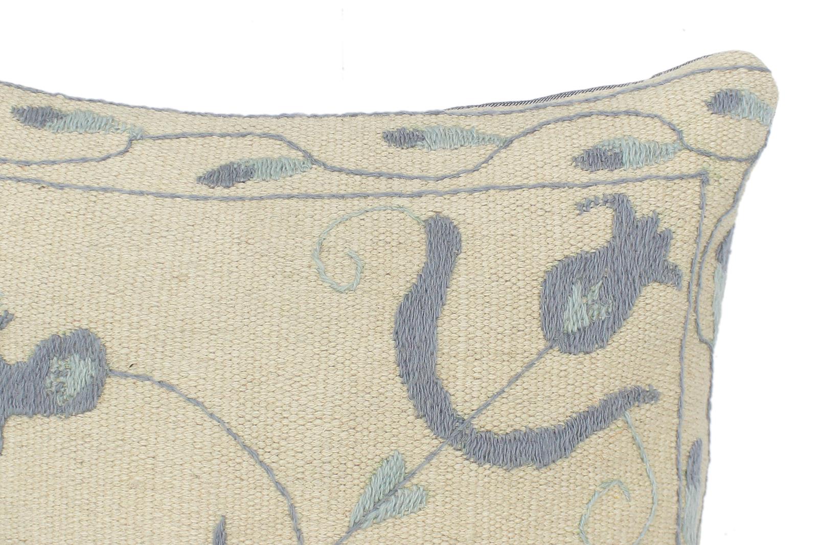 handmade  Pillow Beige Blue Hand-Woven SQUARE 100% Wool Suzani Throw Pillow
