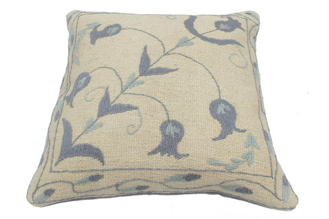 handmade  Pillow Beige Blue Hand-Woven SQUARE 100% Wool Suzani Throw Pillow