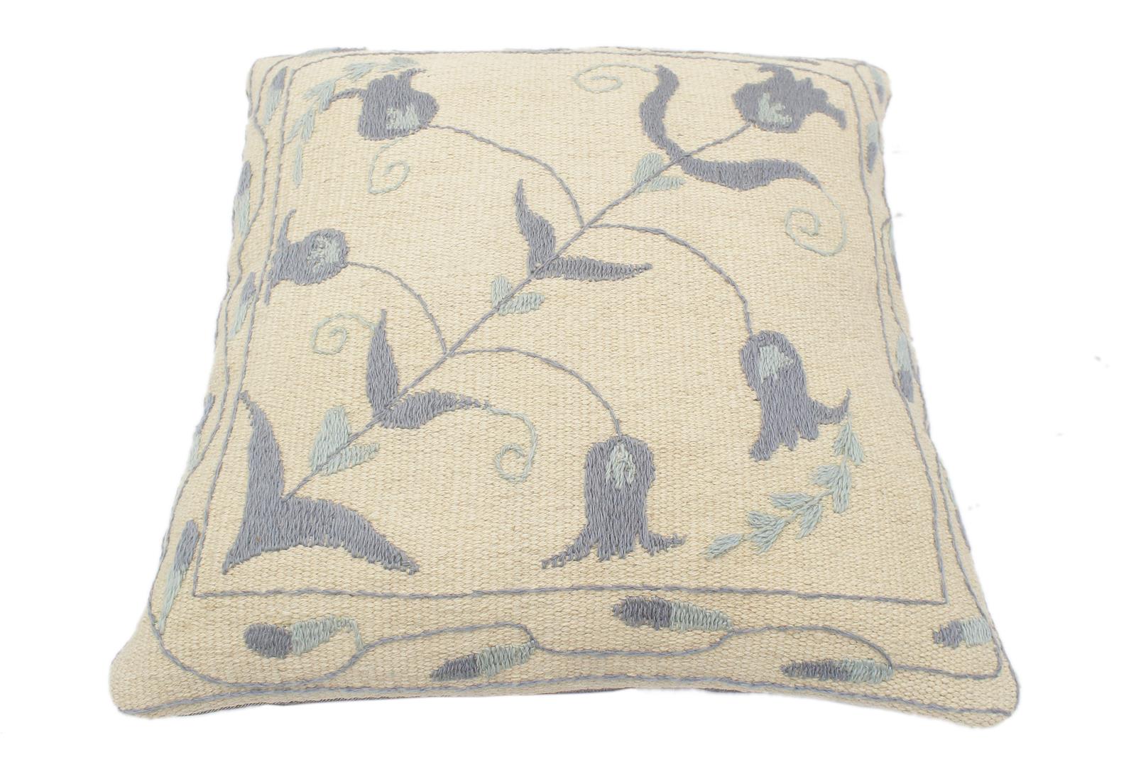 handmade  Pillow Beige Blue Hand-Woven SQUARE 100% Wool Suzani Throw Pillow