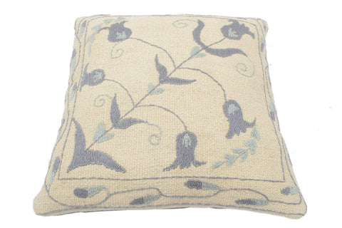 handmade  Pillow Beige Blue Hand-Woven SQUARE 100% Wool Suzani Throw Pillow