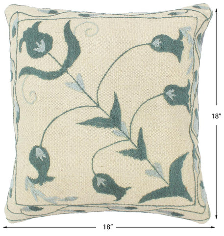 handmade  Pillow Beige Green Hand-Woven SQUARE 100% Wool Suzani Throw Pillow