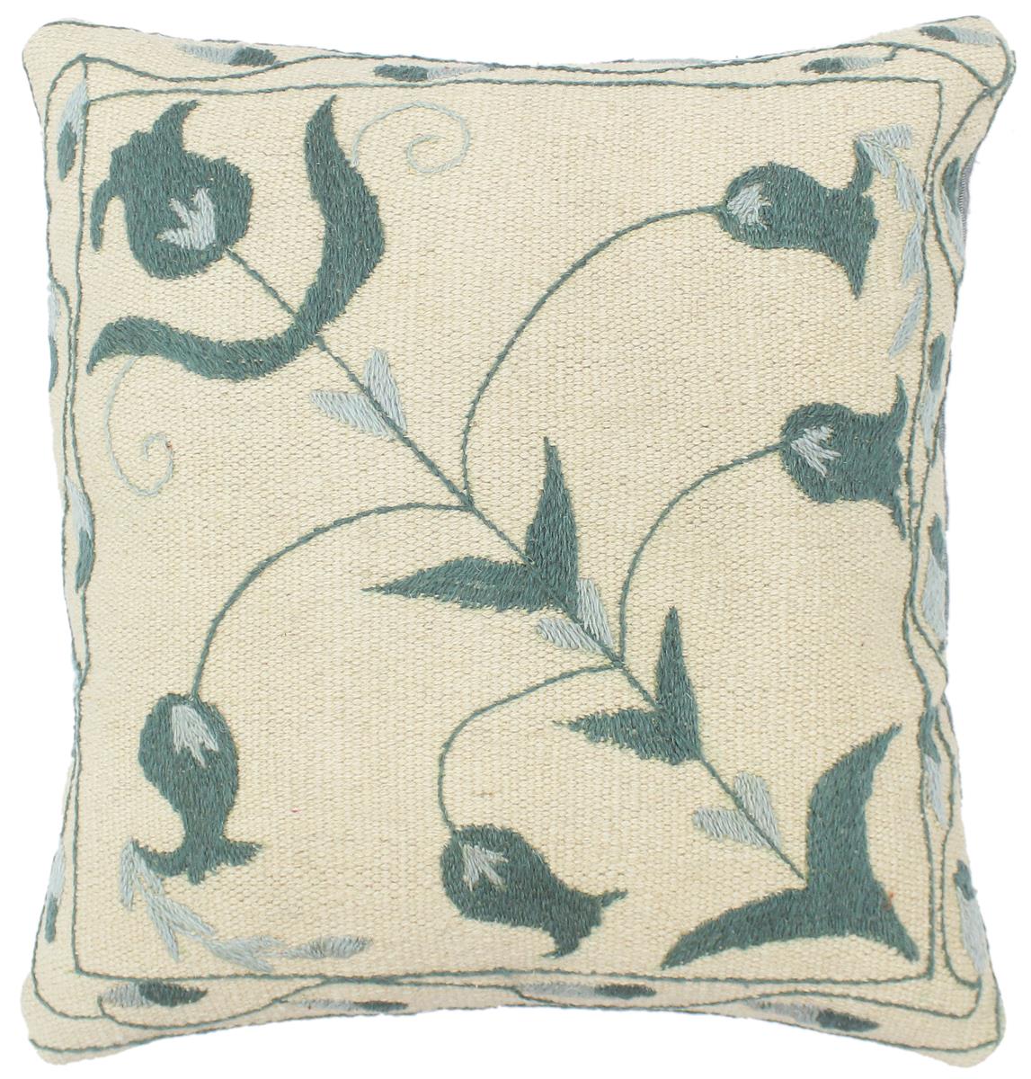 18x18 hand woven embroidered kilim pillow in beige, green and blue - Boho Chic Churchil Kilim Suzani