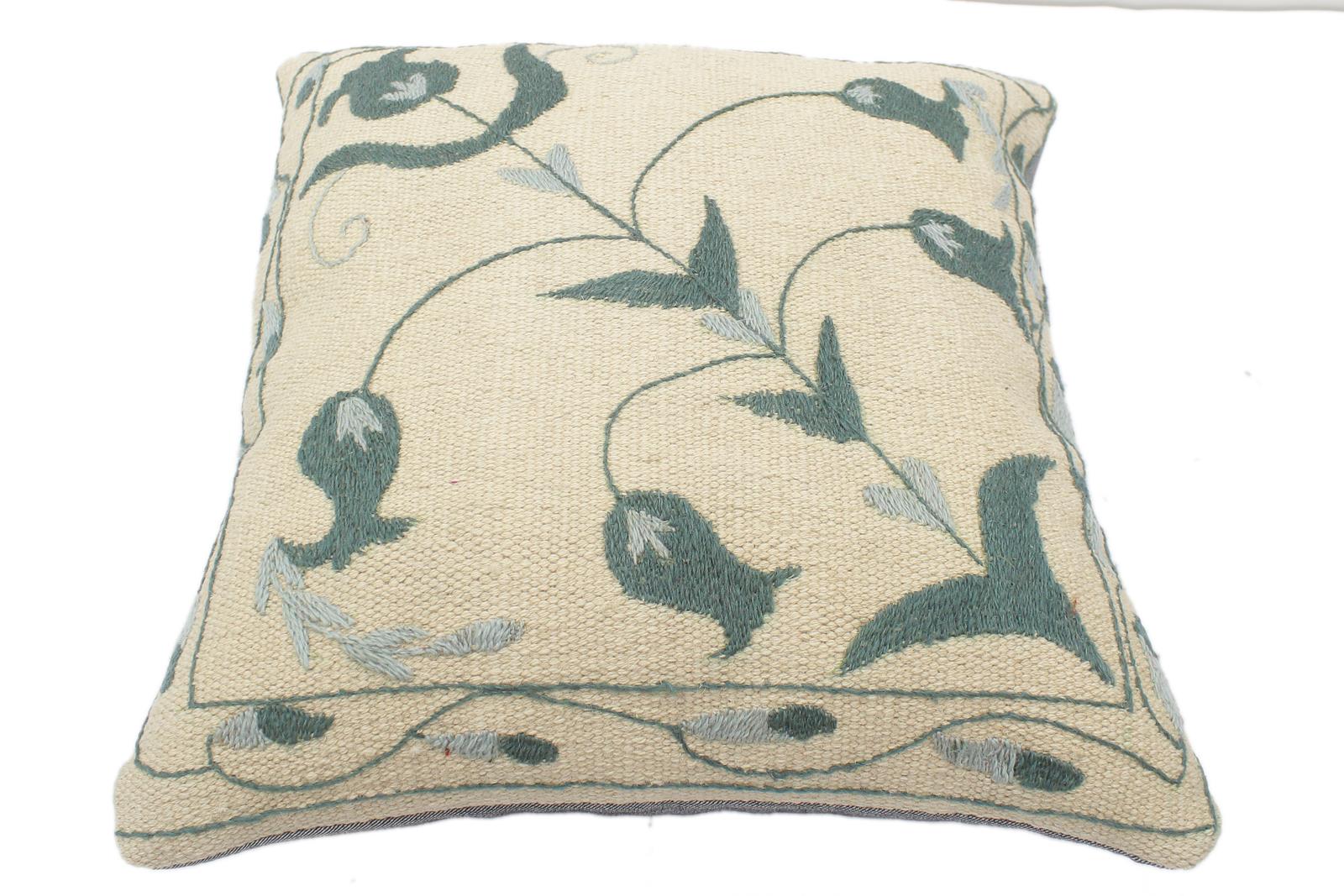 handmade  Pillow Beige Green Hand-Woven SQUARE 100% Wool Suzani Throw Pillow