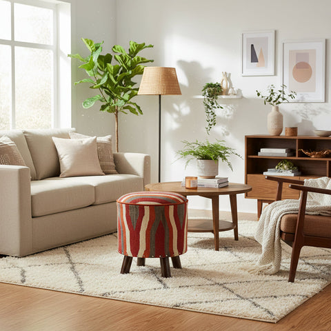 handmade Modern Ottoman Rust Red Hand-made ROUND Vegetable dyed wool and wood  