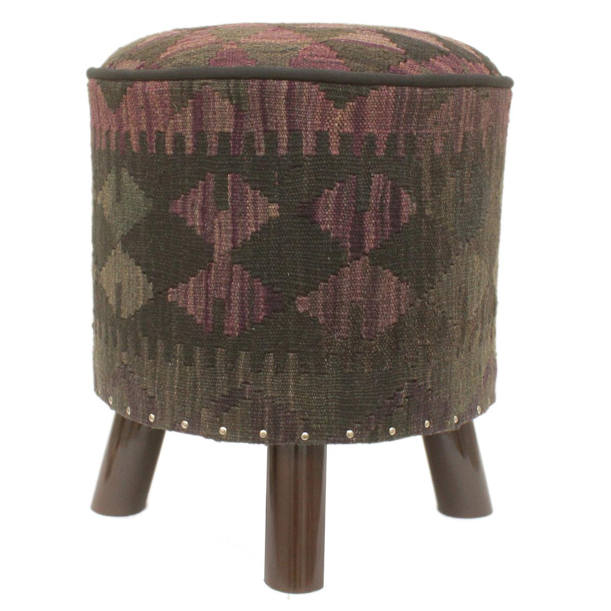 handmade Traditional Ottoman Black Purple Hand-made ROUND Vegetable dyed wool and wood  17 x 17 x 19