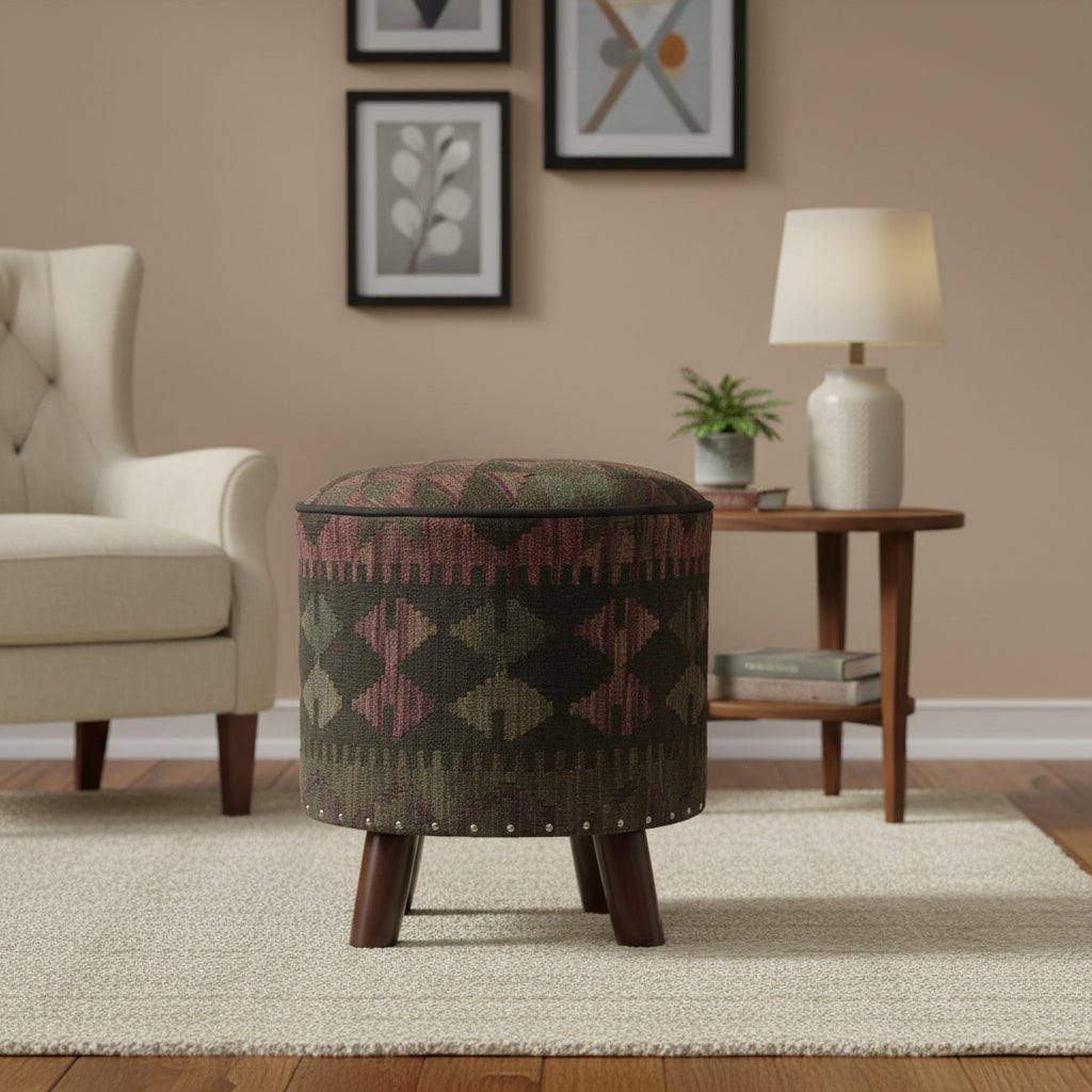 handmade Traditional Ottoman Black Purple Hand-made ROUND Vegetable dyed wool and wood  