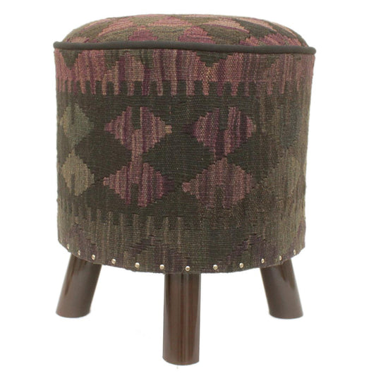 handmade Traditional Ottoman Black Purple Hand-made ROUND Vegetable dyed wool and wood  17 x 17 x 19